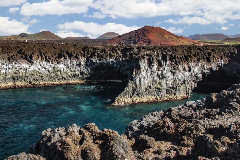 El Golfo Lanzarote — emerald-green Charco de los Clicos lagoon inside a volcanic crater separated from the Atlantic by a black sand beach