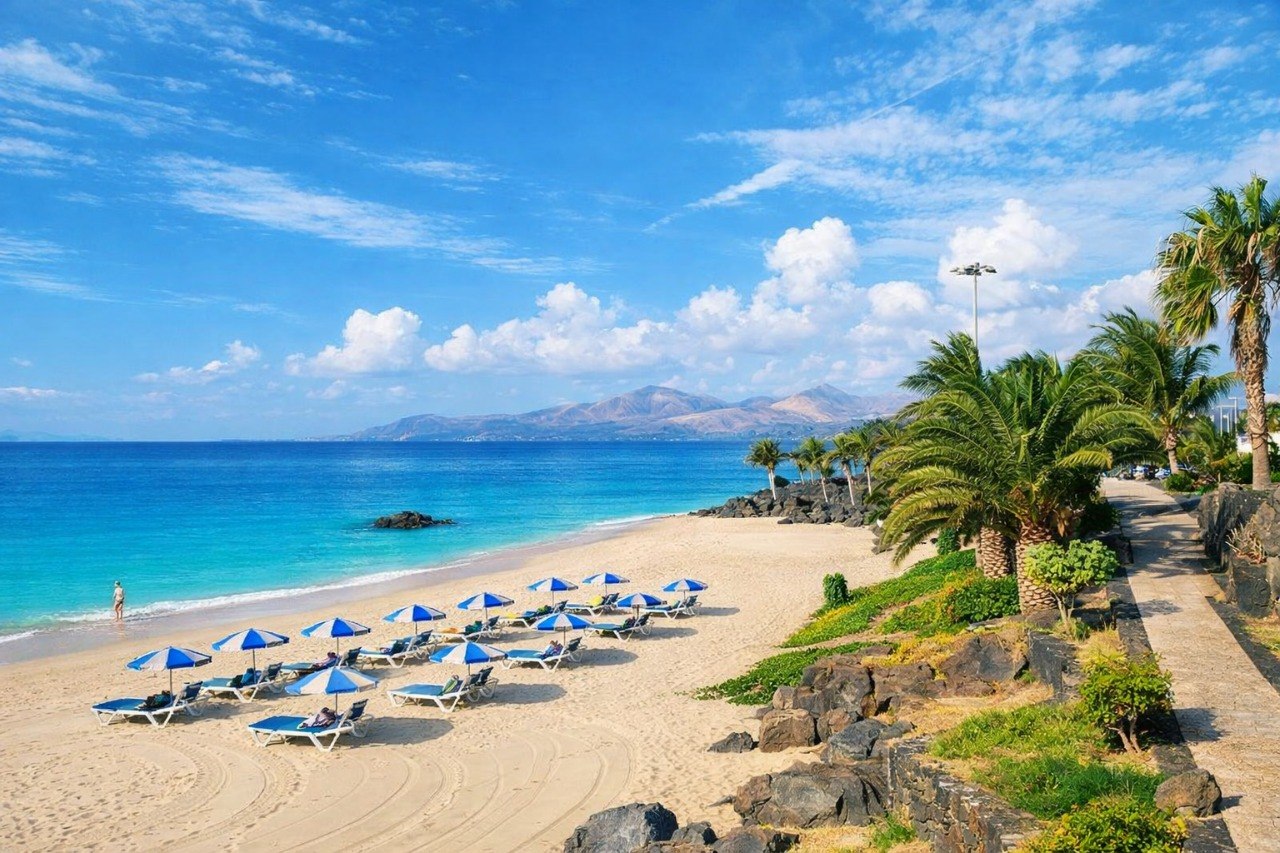 Puerto del Carmen beach promenade Lanzarote — aerial view of main resort
