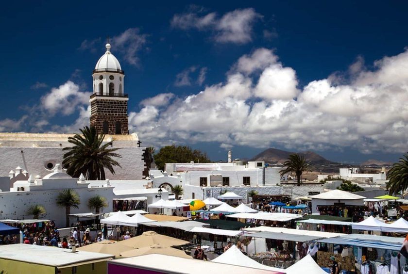 Teguise Sunday market Lanzarote — whitewashed Canarian buildings and cobblestone streets of the former capital filled with artisan market stalls